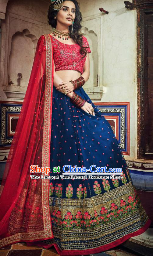 Top Asian India Wedding Lehenga Costumes Asia Indian Traditional Bride Embroidered Red Blouse and Navy Skirt and Sari Full Set