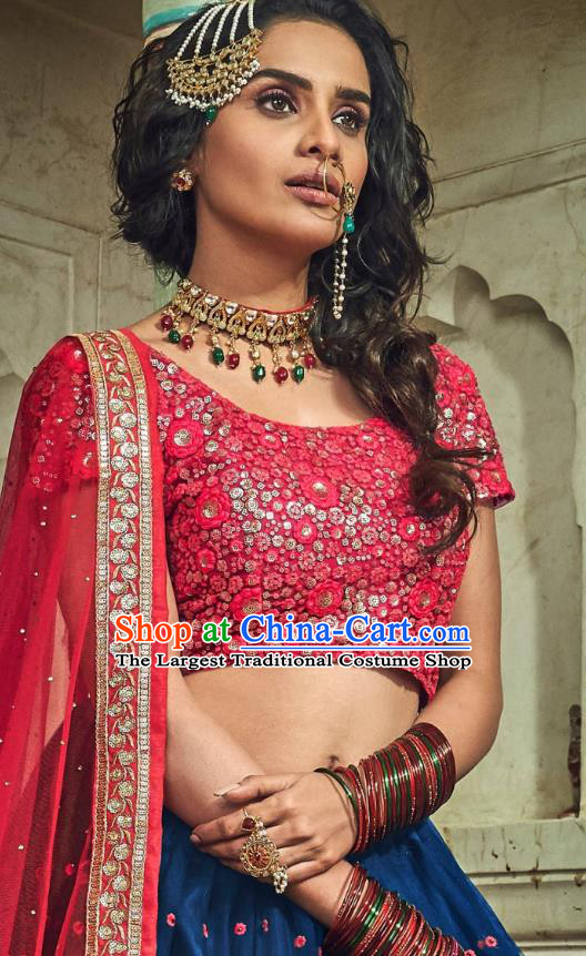 Top Asian India Wedding Lehenga Costumes Asia Indian Traditional Bride Embroidered Red Blouse and Navy Skirt and Sari Full Set