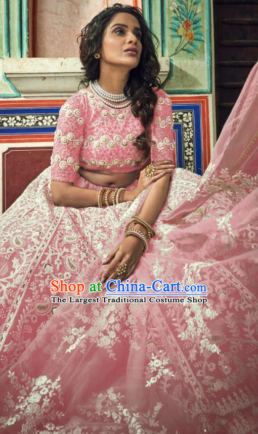 Top Asian India Wedding Lehenga Costumes Asia Indian Traditional Bride Embroidered Pink Blouse and Skirt and Sari Full Set