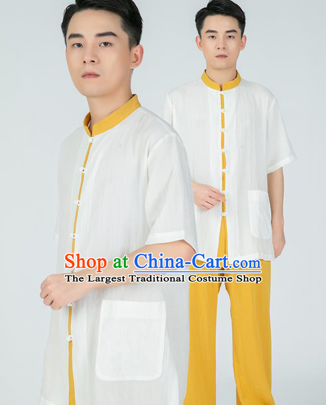 Asian Chinese Traditional Tai Chi White Flax Shirt and Yellow Pants Martial Arts Costumes China Kung Fu Outfits for Men