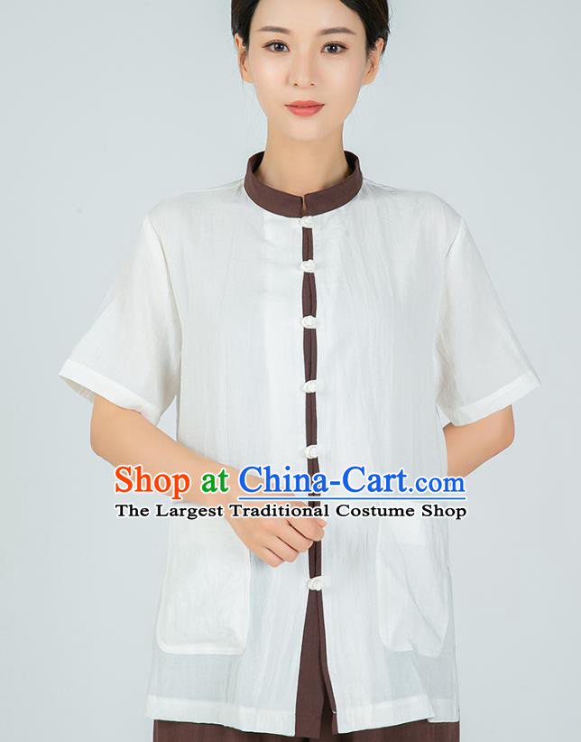 Professional Kung Fu Training White Flax Blouse and Brown Pants Uniforms Martial Arts Shaolin Gongfu Costumes Tai Ji Clothing for Women