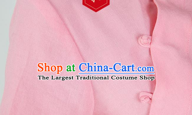 Professional Chinese Tang Suit Pink Flax Blouse Martial Arts Shaolin Gongfu Costumes Kung Fu Training Garment Tai Ji Upper Outer for Women