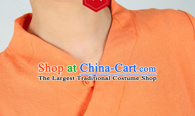 Professional Chinese Tai Chi Orange Flax Short Sleeve Blouse Martial Arts Shaolin Gongfu Costumes Kung Fu Training Garment Tang Suit Upper Outer for Women