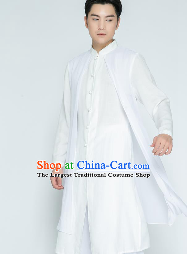 Top Grade Chinese Tai Ji Training White Cloak Uniforms Kung Fu Martial Arts Costume Shaolin Gongfu Shirt and Pants for Men