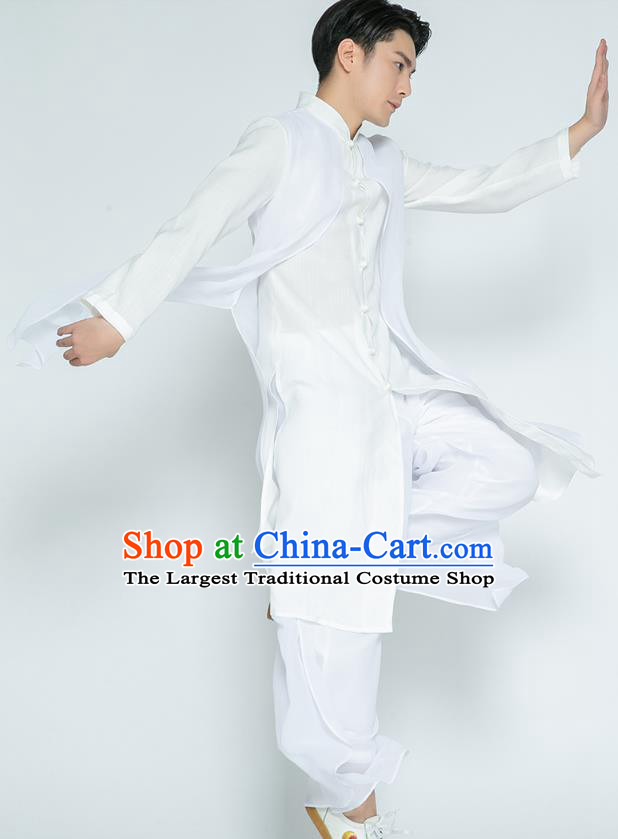 Top Grade Chinese Tai Ji Training White Cloak Uniforms Kung Fu Martial Arts Costume Shaolin Gongfu Shirt and Pants for Men
