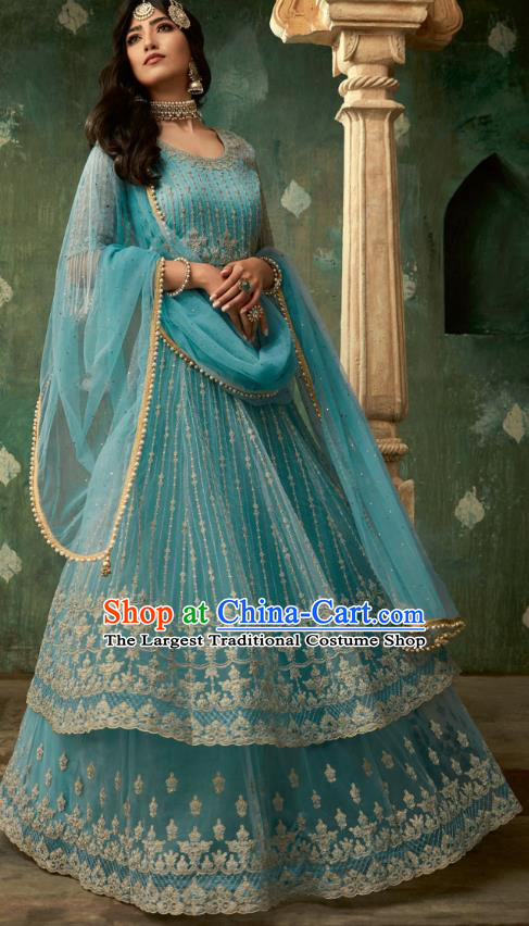 Top Asian India Blue Lehenga Costumes Asia Indian Traditional Bride Embroidered Blouse and Skirt and Sari Full Set