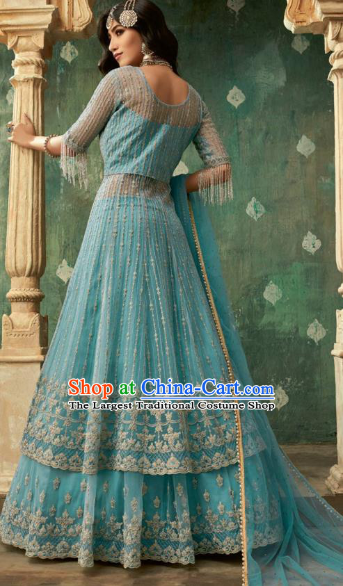 Top Asian India Blue Lehenga Costumes Asia Indian Traditional Bride Embroidered Blouse and Skirt and Sari Full Set