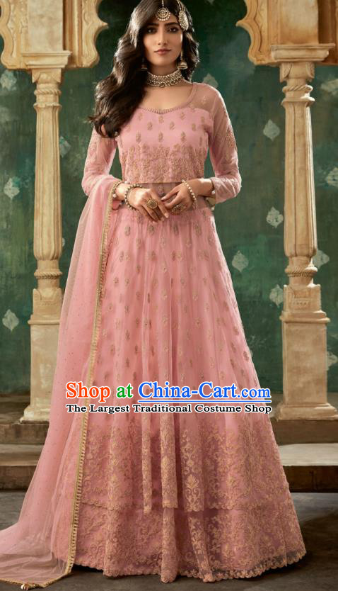 Top Asian India Pink Lehenga Costumes Asia Indian Traditional Bride Embroidered Blouse and Skirt and Sari Full Set