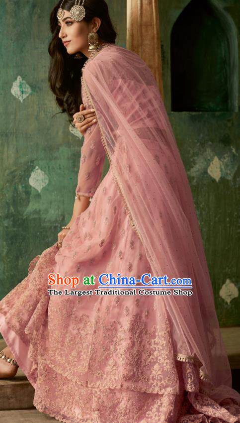Top Asian India Pink Lehenga Costumes Asia Indian Traditional Bride Embroidered Blouse and Skirt and Sari Full Set