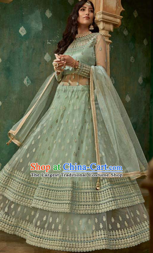 Top Asian India Light Green Lehenga Costumes Asia Indian Traditional Bride Embroidered Blouse and Skirt and Sari Full Set