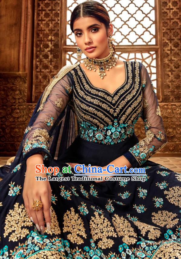 Asian India National Embroidered Navy Anarkali Dress Asia Indian Festival Dance Costumes Traditional Female Clothing and Sari Full Set