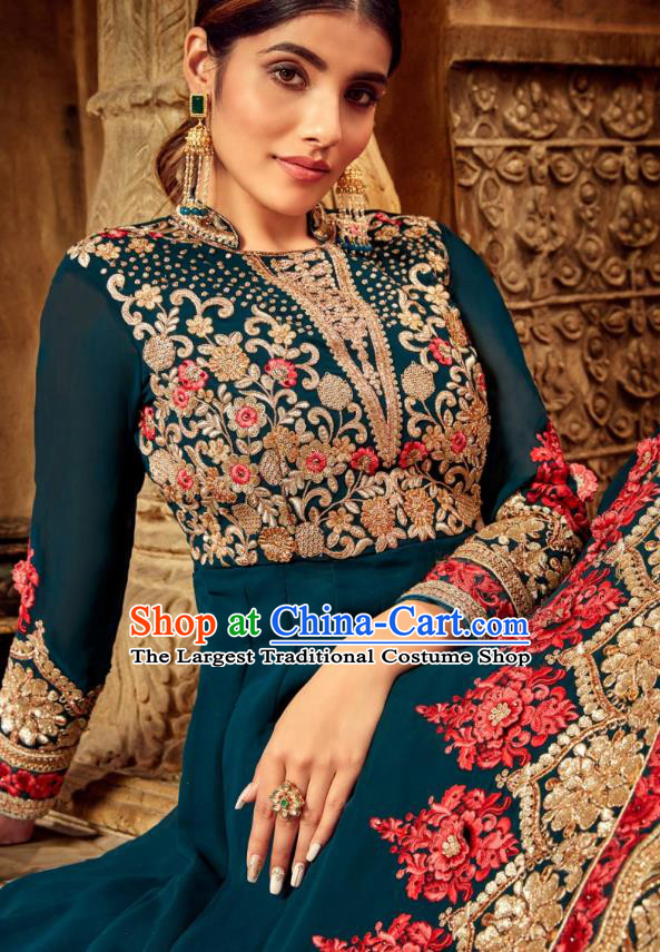 Asian India National Embroidered Teal Anarkali Dress Asia Indian Festival Dance Costumes Traditional Female Clothing and Sari Full Set