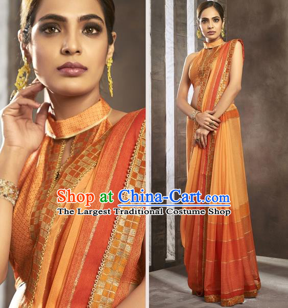 Asian India National Bride Orange Chiffon Saree Dress Asia Indian Festival Blouse and Sari Traditional Bollywood Dance Costumes for Women