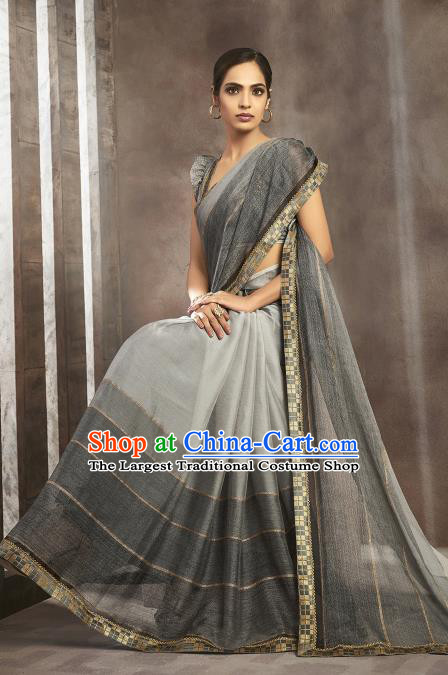 Asian India National Bride Grey Chiffon Saree Dress Asia Indian Festival Blouse and Sari Traditional Bollywood Dance Costumes for Women
