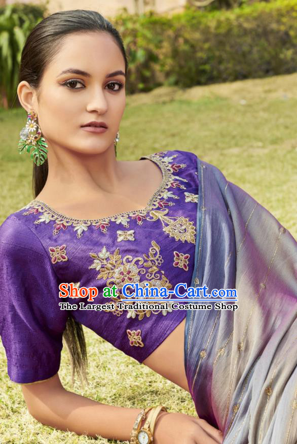 Asian India National Female Purple Chiffon Saree Dress Traditional Bollywood Dance Costumes Asia Indian Festival Blouse and Sari for Women