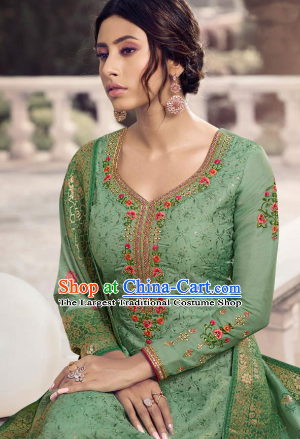 Asian India Traditional Costumes Asia Indian National Festival Punjab Suits Deep Green Silk Long Blouse Shawl and Loose Pants Complete Set