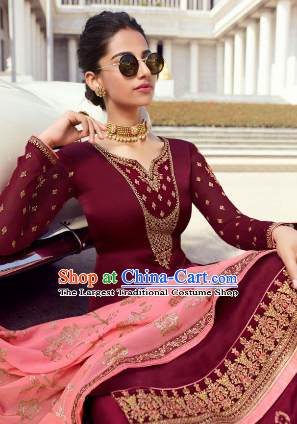 Asian India Traditional Informal Costumes Asia Indian National Punjab Suits Wine Red Satin Blouse Shawl and Loose Pants for Rich Woman