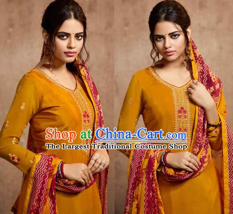 Asian India Traditional Civilian Woman Costumes Asia Indian National Punjab Suits Orange Crepe Long Blouse Shawl and Loose Pants Full Set