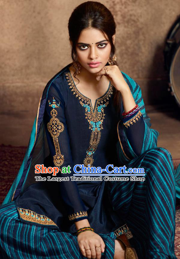 Asian India Traditional Civilian Woman Costumes Asia Indian National Punjab Suits Navy Crepe Long Blouse Shawl and Loose Pants Full Set