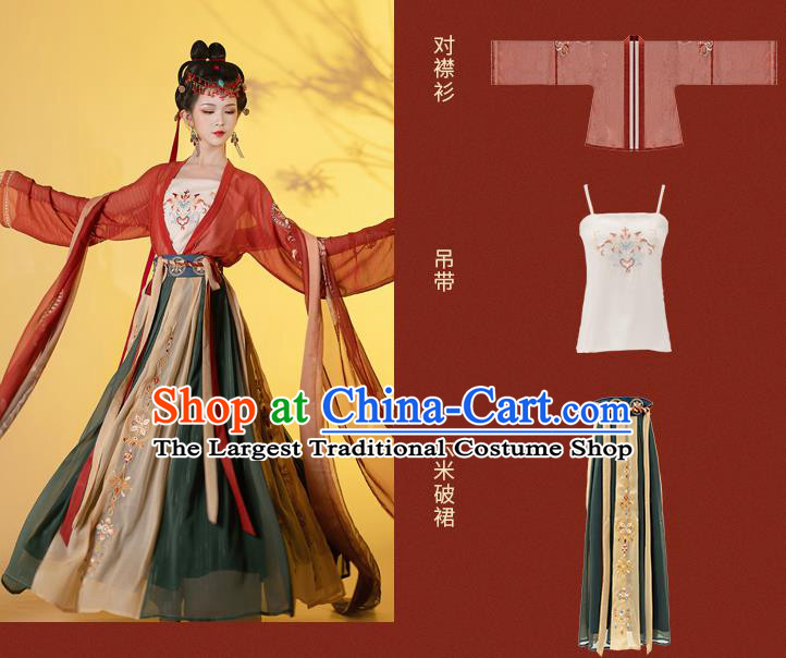 Traditional Chinese Tang Dynasty Princess Historical Costumes Ancient Noble Lady Hanfu Garment Embroidered Blouse Camisole and Skirt Full Set