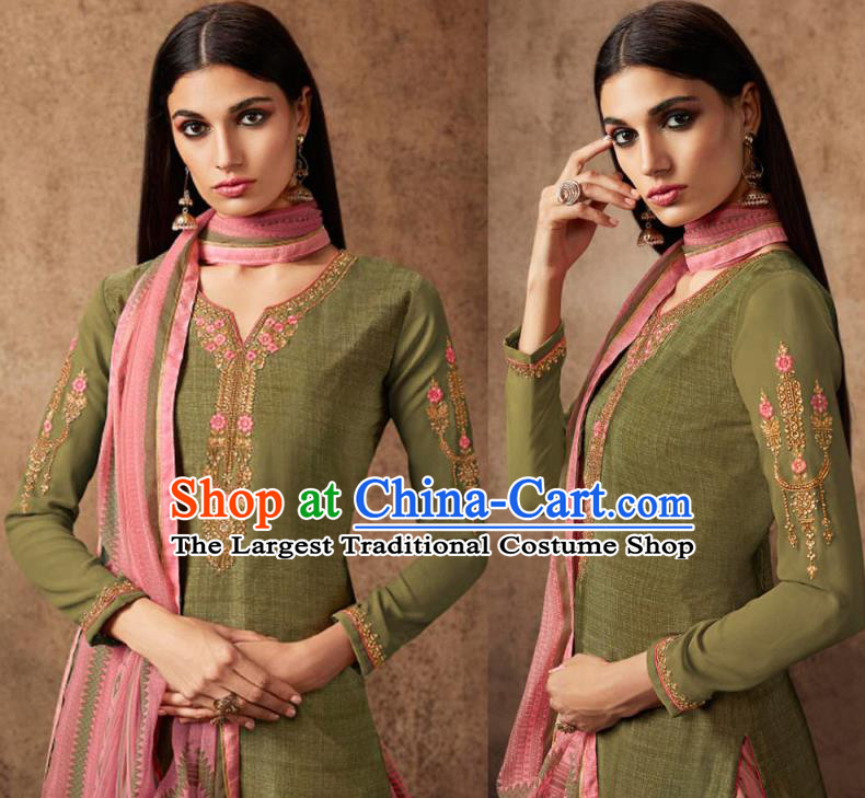Asian India Traditional Civilian Woman Costumes Asia Indian National Punjab Suits Olive Green Crepe Long Blouse Shawl and Loose Pants Full Set