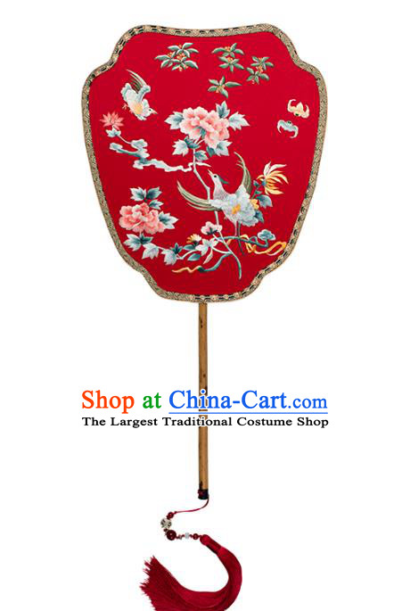 China Traditional Wedding Red Silk Fan Handmade Bride Hanfu Fan Embroidered Phoenix Peony Palace Fan