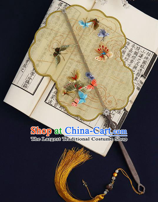 China Traditional Wedding Beige Silk Fan Embroidered Butterfly Palace Fan Handmade Bride Bamboo Hanfu Fan