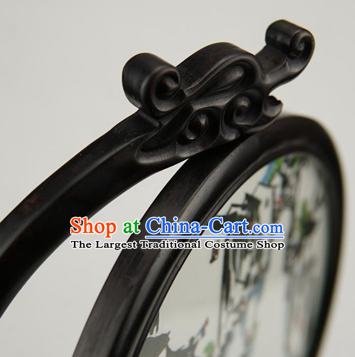 Handmade China Suzhou Embroidery Craft Table Ornament Suzhou Embroidered Waterside Sandalwood Desk Screen