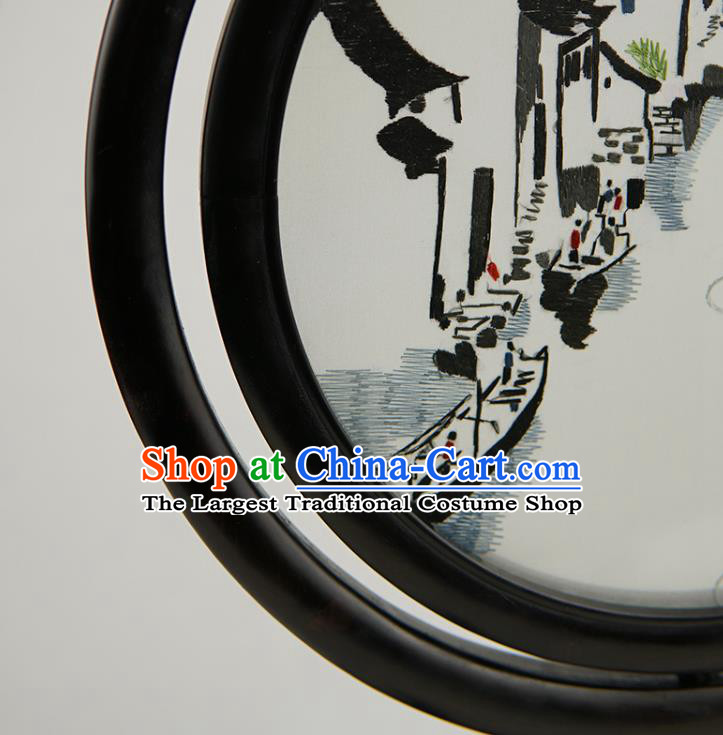 Handmade China Suzhou Embroidery Craft Table Ornament Suzhou Embroidered Waterside Sandalwood Desk Screen