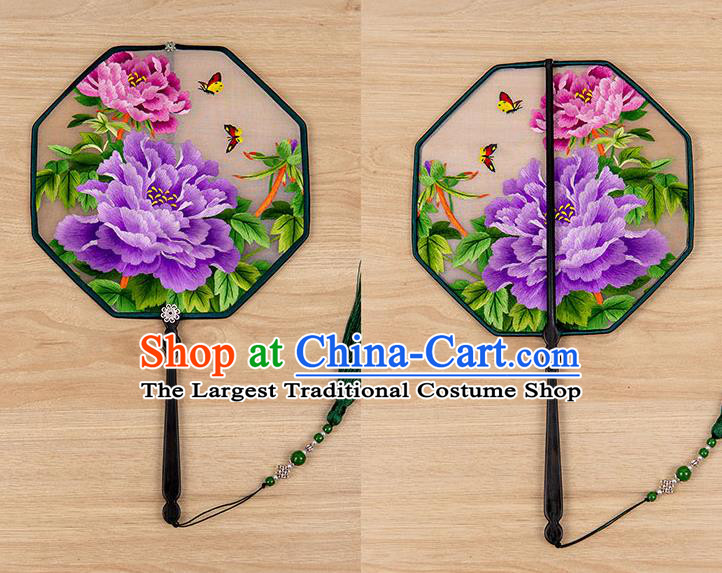 China Classical Hanfu Silk Fan Handmade Ancient Princess Palace Fan Traditional Embroidered Purple Peony Fan