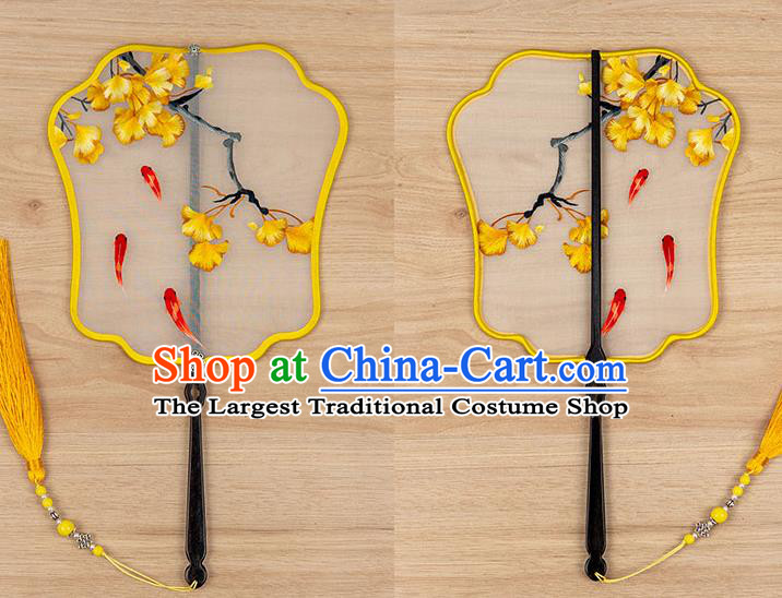 China Classical Hanfu Accessories Silk Fan Handmade Ancient Princess Palace Fan Traditional Embroidered Ginkgo Leaf Fan