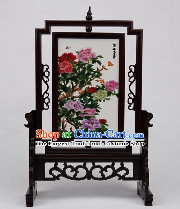 Handmade China Embroidered Peony Desk Screen Rosewood Table Ornament Suzhou Double Side Embroidery Craft