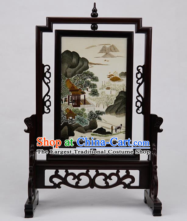 China Suzhou Double Side Embroidery Craft Embroidered Landscape Desk Screen Handmade Rosewood Table Ornament