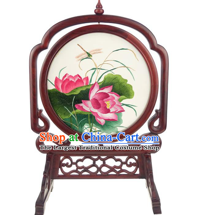 China Embroidered Lotus Desk Screen Handmade Rosewood Table Ornament Suzhou Double Side Embroidery Silk Craft