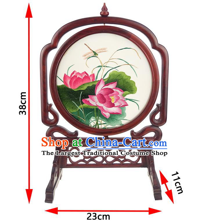China Embroidered Lotus Desk Screen Handmade Rosewood Table Ornament Suzhou Double Side Embroidery Silk Craft