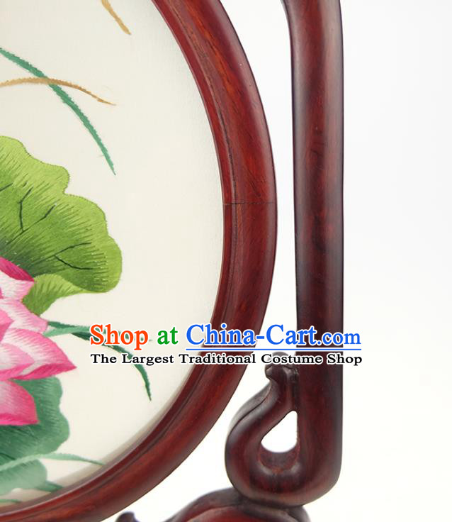 China Embroidered Lotus Desk Screen Handmade Rosewood Table Ornament Suzhou Double Side Embroidery Silk Craft