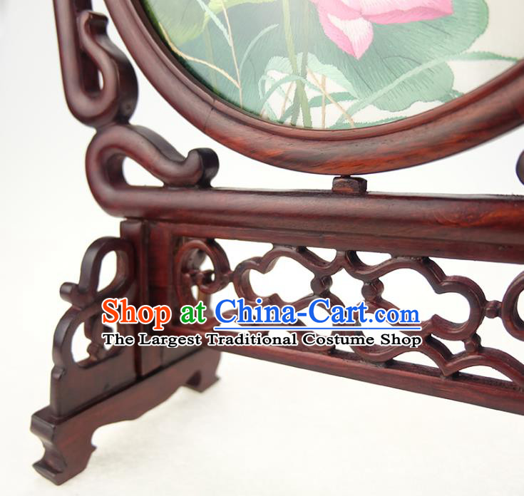 China Embroidered Lotus Desk Screen Handmade Rosewood Table Ornament Suzhou Double Side Embroidery Silk Craft