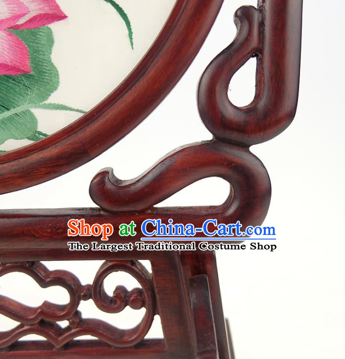 China Embroidered Lotus Desk Screen Handmade Rosewood Table Ornament Suzhou Double Side Embroidery Silk Craft