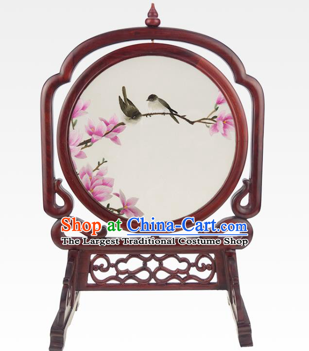 China Embroidered Red Mangnolia Desk Screen Suzhou Double Side Embroidery Silk Craft Handmade Rosewood Table Ornament