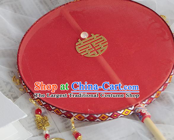 China Classical Dance Red Ribbon Circular Fan Handmade Wedding Palace Fan Traditional Bride Golden Cranes Silk Fan