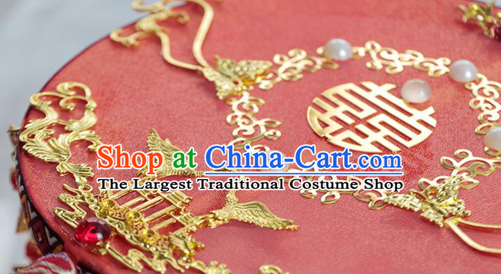 China Classical Dance Red Ribbon Circular Fan Handmade Wedding Palace Fan Traditional Bride Golden Cranes Silk Fan