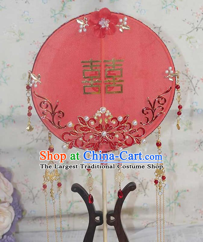 China Traditional Bride Red Silk Fan Classical Dance Enamel Red Flower Circular Fan Handmade Wedding Palace Fan