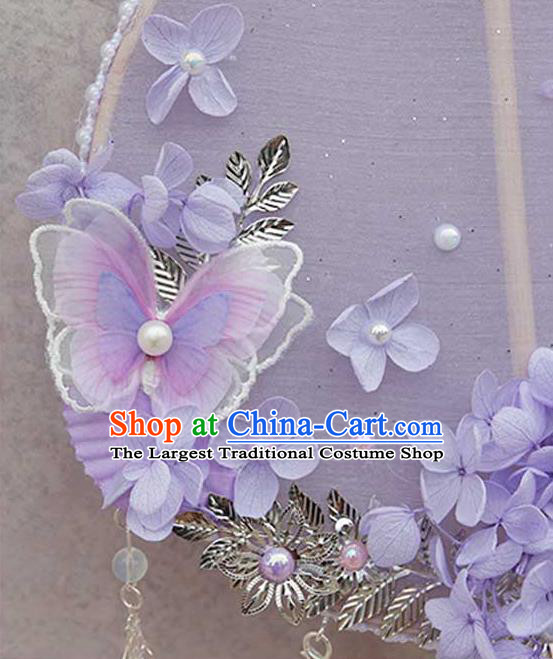 China Traditional Bride Lilac Silk Fan Classical Dance Circular Fan Handmade Wedding Purple Flowers Butterfly Palace Fan