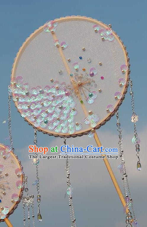 China Traditional Bride Beads Tassel Silk Fan Classical Dance Circular Fan Handmade Wedding Scale Palace Fan