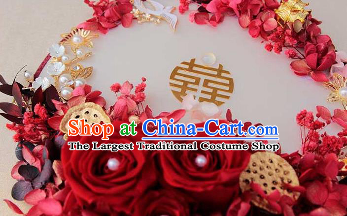 China Classical Wedding Circular Fan Traditional Red Rose Fan Handmade Palace Fan
