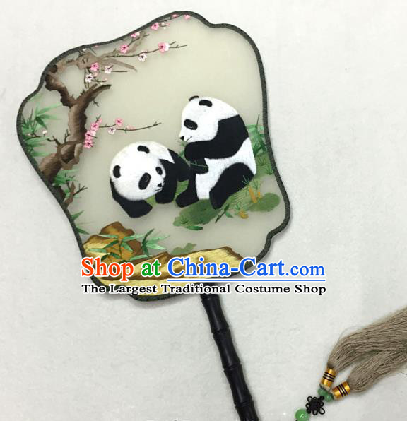 China Handmade Classical Dance Silk Fan Embroidered Plum Panda Palace Fan Traditional Court Hanfu Fan