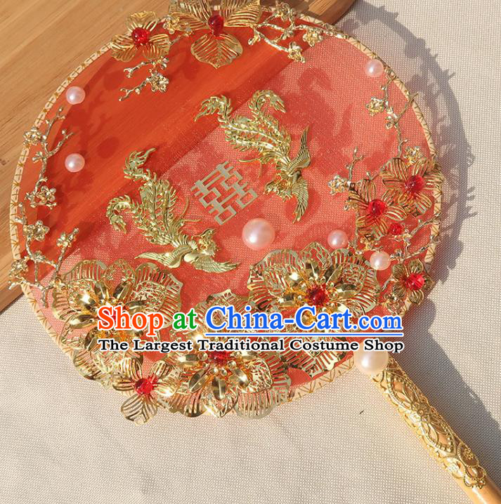 China Handmade Wedding Golden Phoenix Flowers Palace Fan Classical Dance Circular Fan Traditional Bride Red Silk Fan