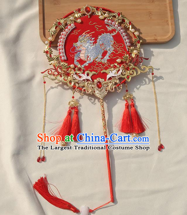 China Traditional Bride Embroidered Kylin Circular Fan Classical Dance Silk Fan Handmade Wedding Red Palace Fan