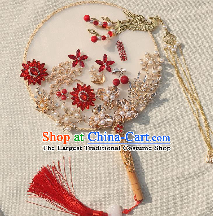 China Classical Dance Golden Phoenix Tassel Silk Fan Traditional Wedding Pearls Circular Fan Handmade Bride Red Crystal Palace Fan