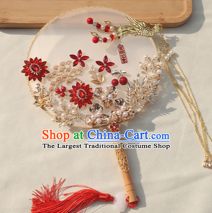China Classical Dance Golden Phoenix Tassel Silk Fan Traditional Wedding Pearls Circular Fan Handmade Bride Red Crystal Palace Fan